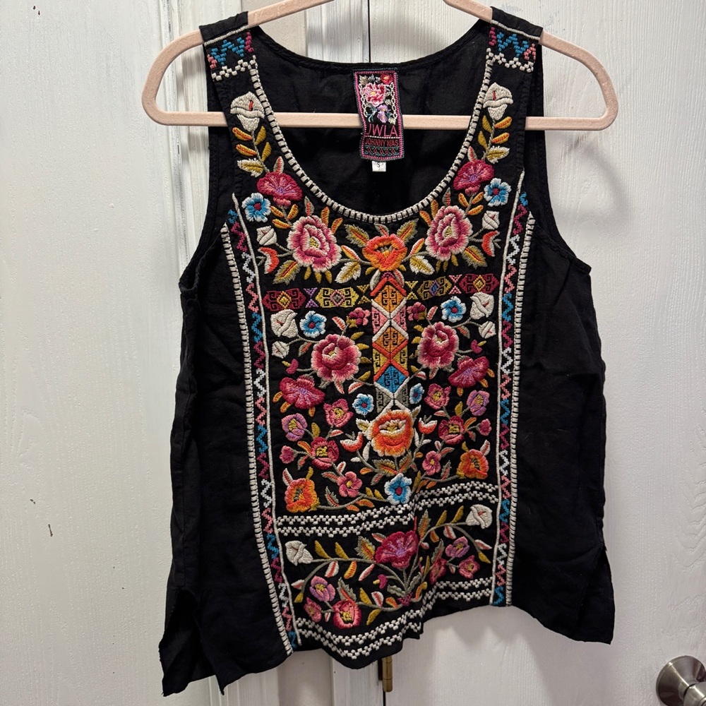 Johnny Was Embroidered Floral Black Tank Top
